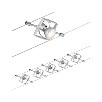 Modern cable lighting system with six silver metal LED spotlights for flexible room illumination