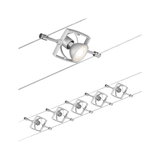 Modern cable lighting system with six silver metal LED spotlights for flexible room illumination