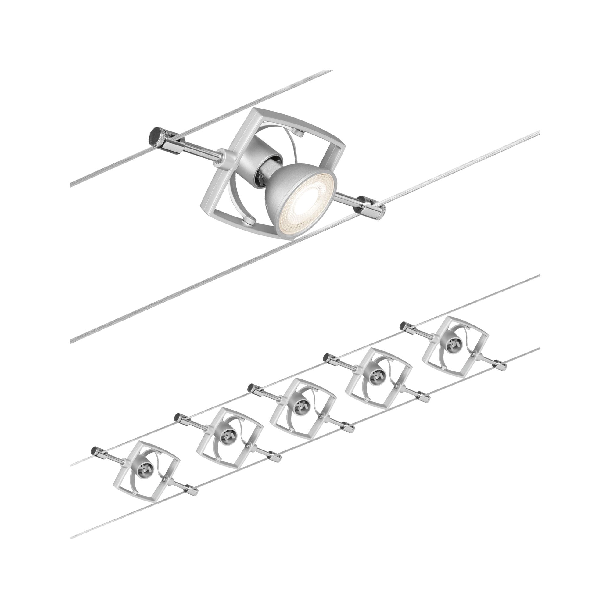 Système sur câbles Mac II Kit de base GU5,3 max. 5x10W gradable 230/12V Chrome mat Système d'éclairage sur câble moderne avec six spots LED métalliques argentés pour une lumière flexible