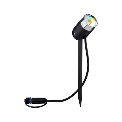 Zwarte LED-tuinschijnwerper met grondpen en kabel voor buitenverlichting en accentverlichting.