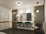 Modernes Badezimmer mit grüner Marmor-Waschtischplatte, schwarzen Waschbecken und stilvollen LED-Deckenleuchten.