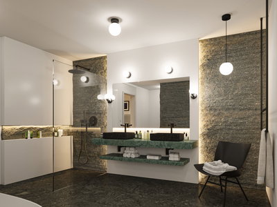 Modernes Badezimmer mit grüner Marmor-Waschtischplatte, schwarzen Waschbecken und stilvollen LED-Deckenleuchten.