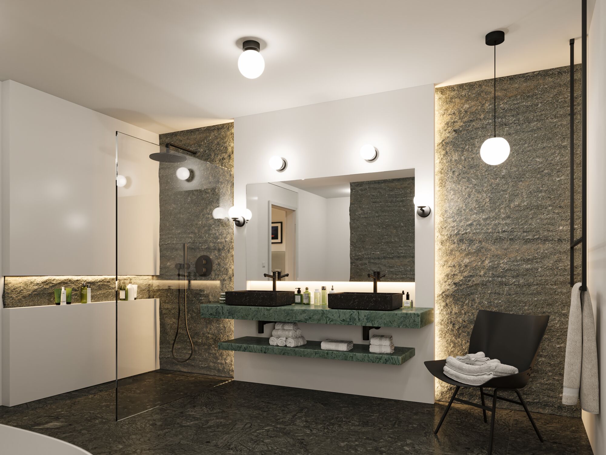 Moderne badkamer met groene marmeren wastafel, zwarte waskommen en stijlvolle LED-plafondlampen.