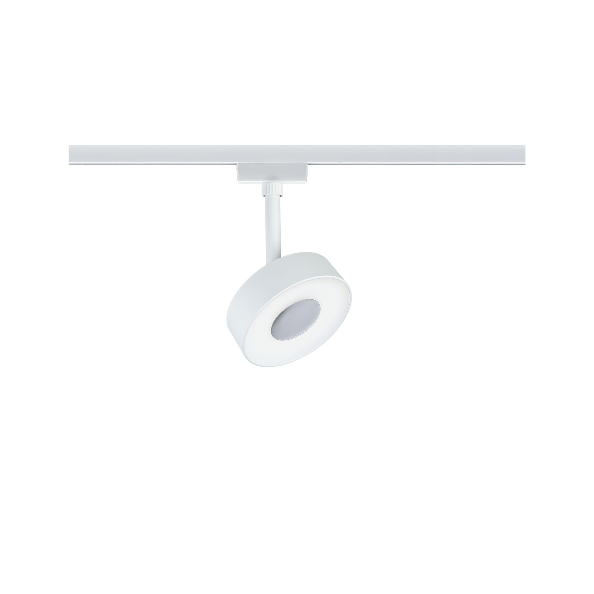 Moderner weißer LED-Spot aus Metall an Schienensystem für flexible Raumbeleuchtung