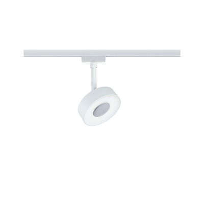 Moderner weißer LED-Spot aus Metall an Schienensystem für flexible Raumbeleuchtung