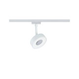 Moderner weißer LED-Spot aus Metall an Schienensystem für flexible Raumbeleuchtung