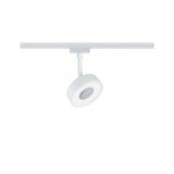Moderner weißer LED-Spot aus Metall an Schienensystem für flexible Raumbeleuchtung