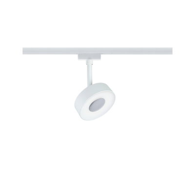 Moderner weißer LED-Spot aus Metall an Schienensystem für flexible Raumbeleuchtung