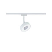 Moderner weißer LED-Spot aus Metall an Schienensystem für flexible Raumbeleuchtung