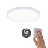 Round white LED ceiling light with 3-step dimmer and hand pressing wall switch for light control