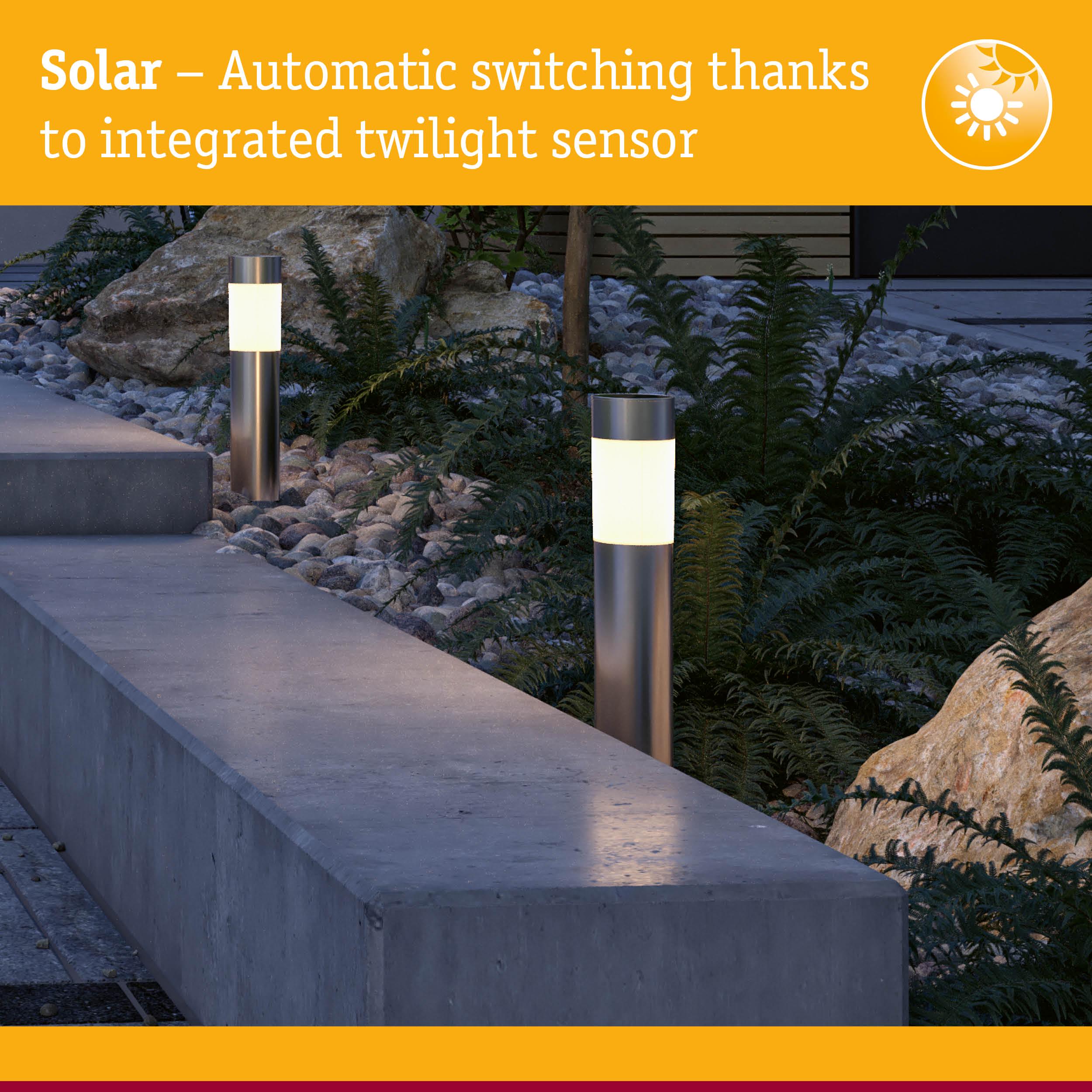 Solar stainless steel outdoor lights with integrated twilight sensor for automatic garden lighting at dusk