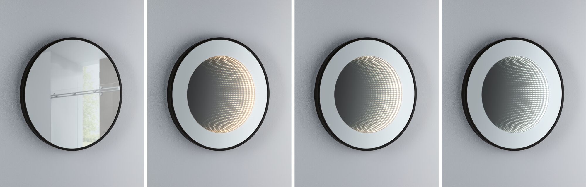Round wall mirror with black frame and integrated LED light effect shown in different stages.