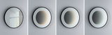 Round wall mirror with black frame and integrated LED light effect shown in different stages.