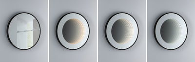 Round wall mirror with black frame and integrated LED light effect shown in different stages.