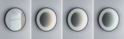 Miroir mural rond avec cadre noir et effet lumineux LED intégré présenté en plusieurs étapes.