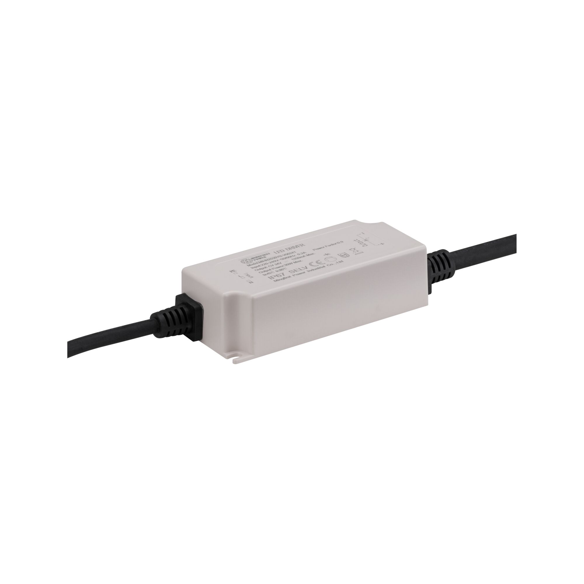 White LED driver with black cable, rectangular plastic housing for LED lighting systems