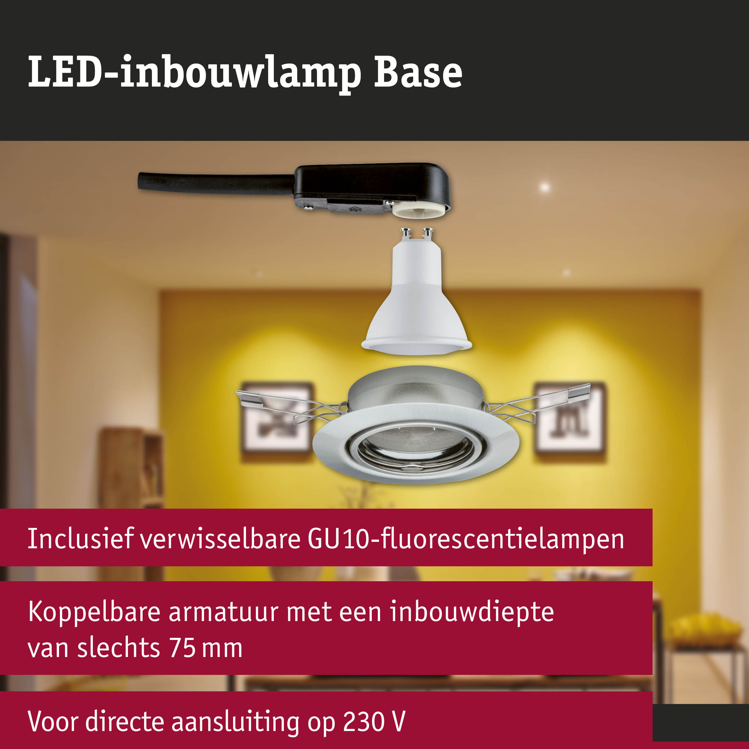 LED-inbouwlamp Base met witte GU10-lamp en zwarte stroomkabel voor 230 V aansluiting