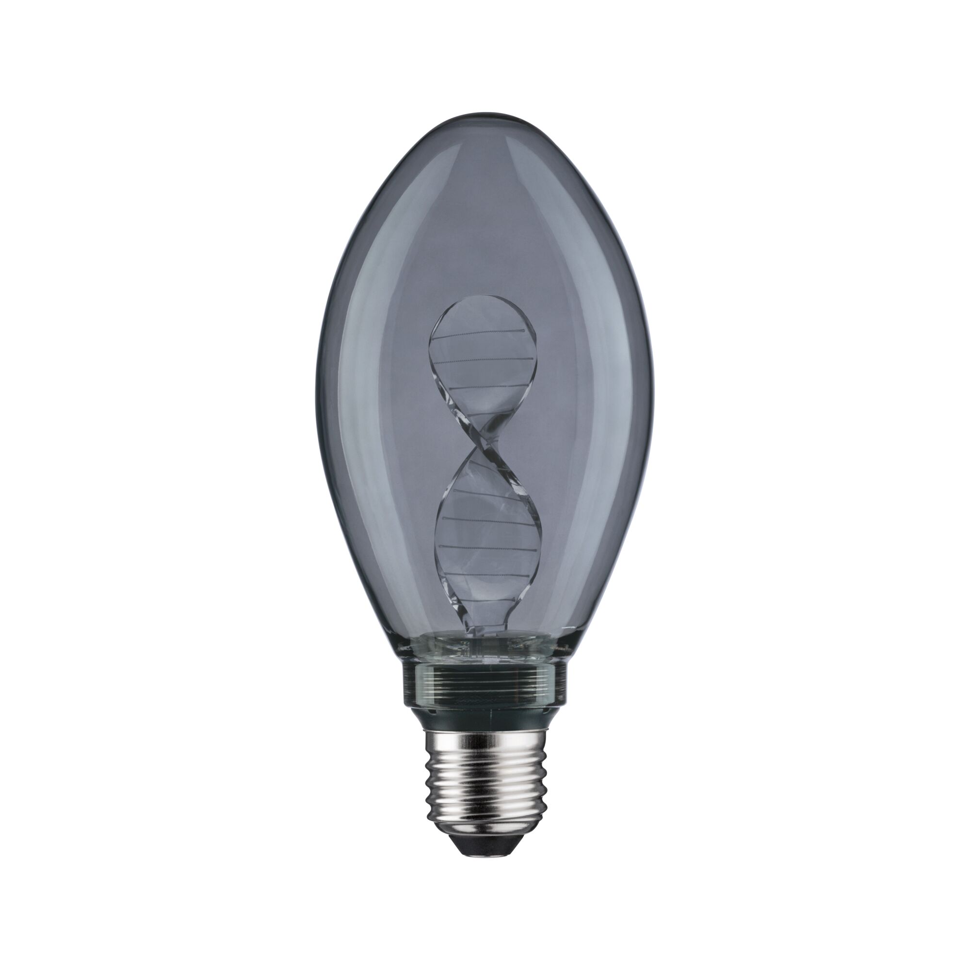 Light bulb with twisted LED filament in smoke grey glass and E27 base for decorative lighting