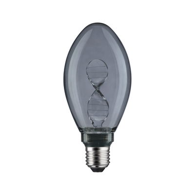 Light bulb with twisted LED filament in smoke grey glass and E27 base for decorative lighting
