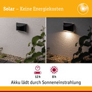 Schwarze Solar-Wandleuchte aus Kunststoff an heller Wand, tagsüber und nachts mit Lichtquelle