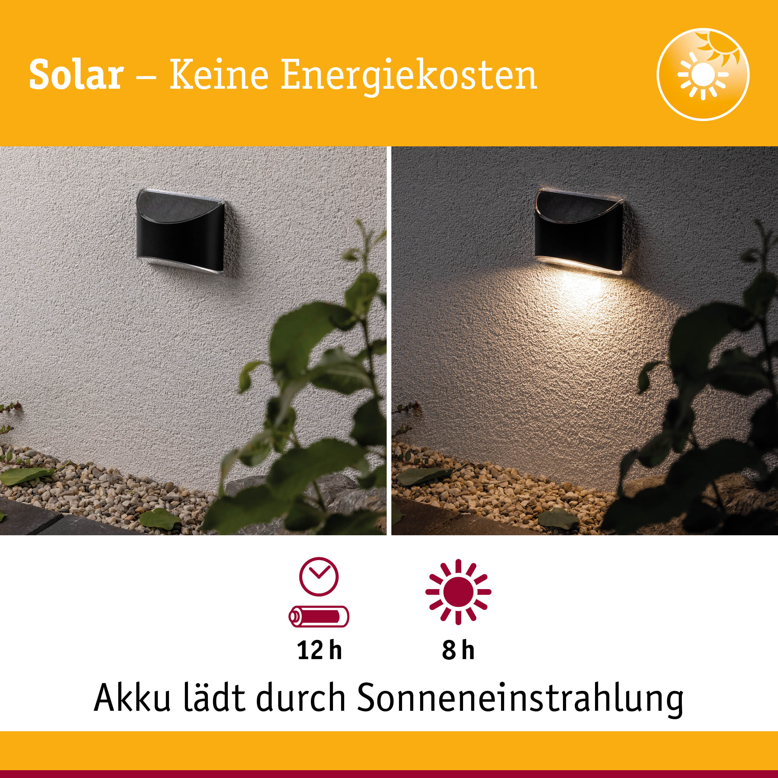 Schwarze Solar-Wandleuchte aus Kunststoff an heller Wand, tagsüber und nachts mit Lichtquelle