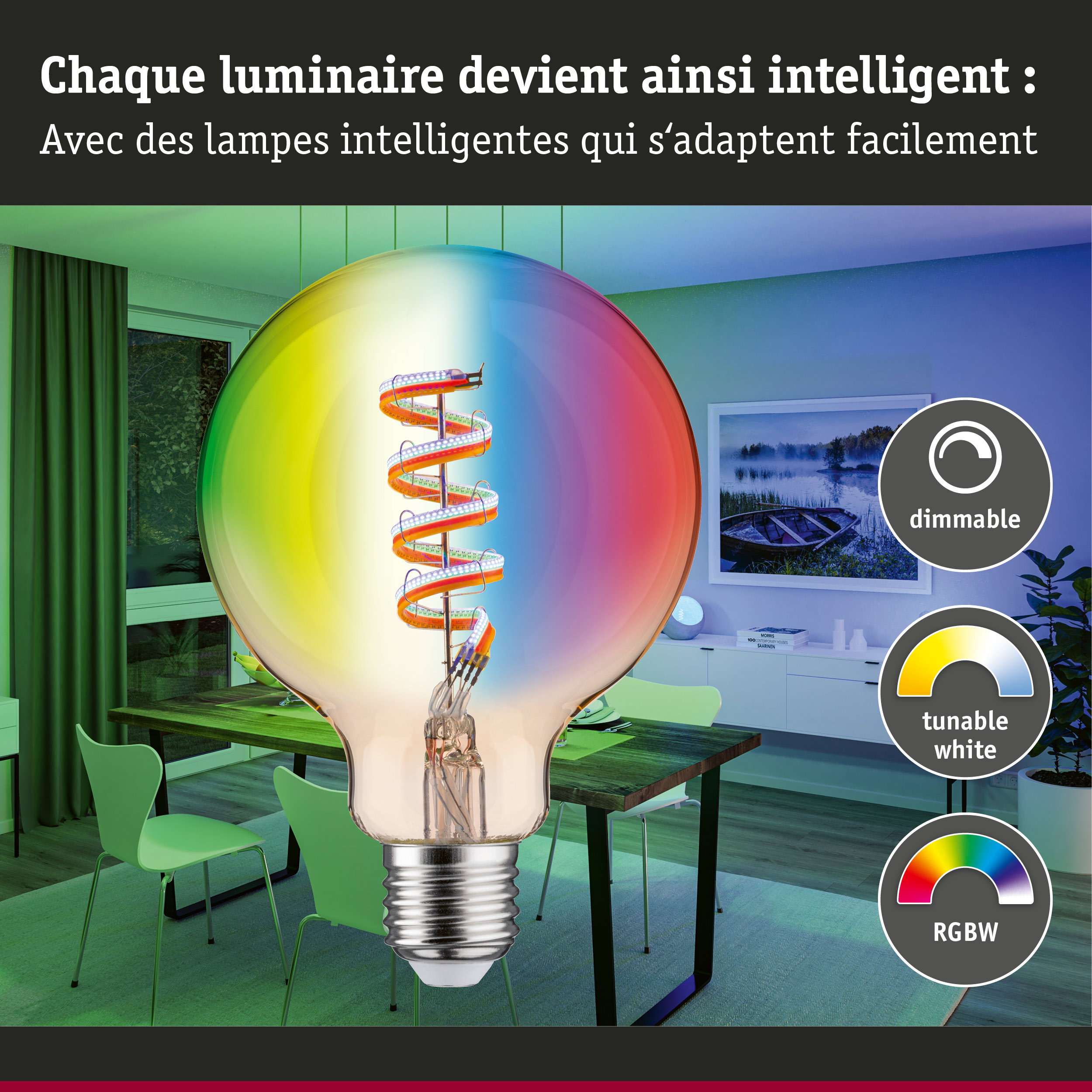 Ampoule LED colorée avec filament en spirale dans salle à manger moderne, lumière dimmable et blanche réglable