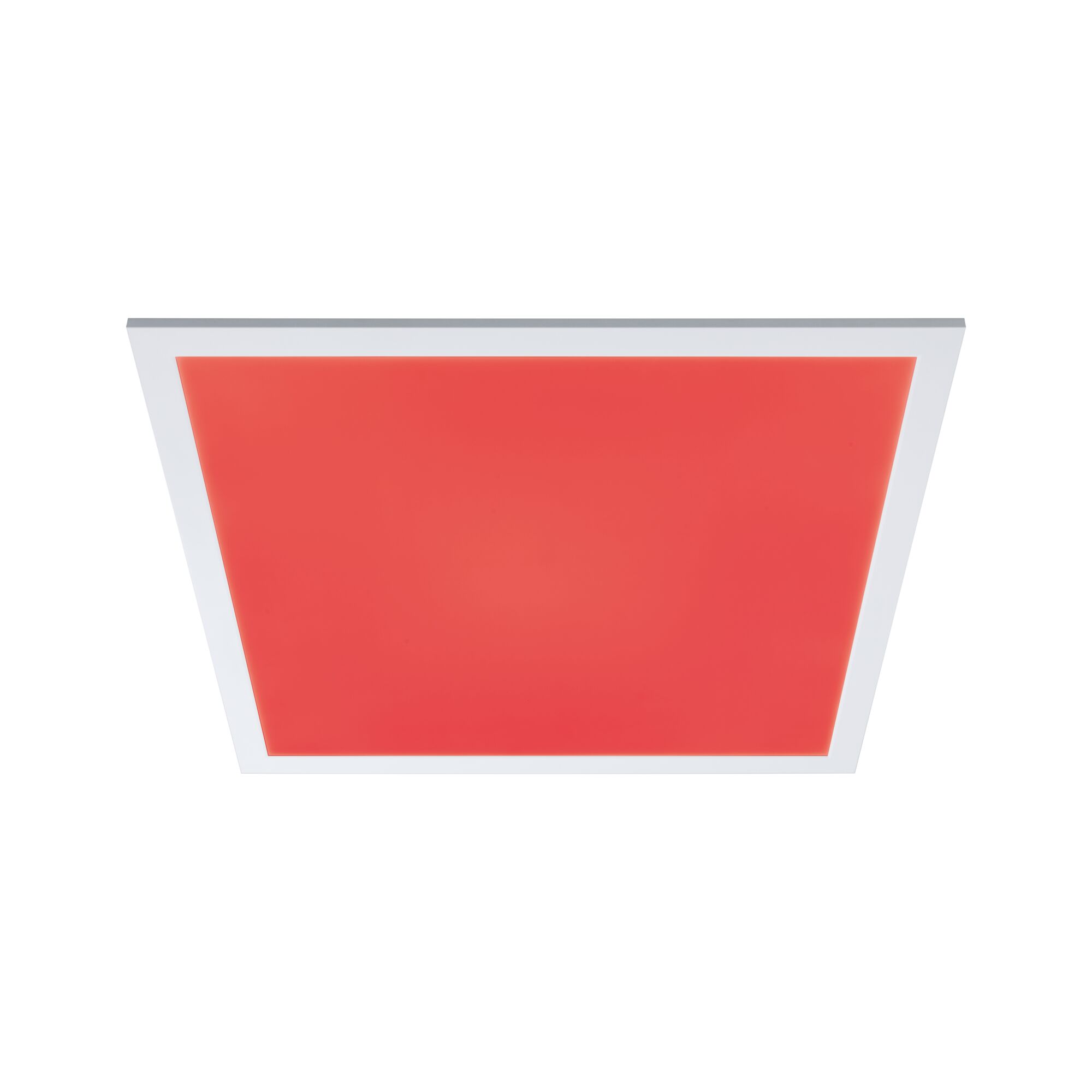 Square LED ceiling light with red diffuser and white frame for modern room lighting solutions