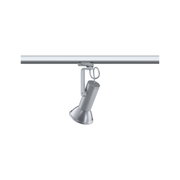 Silberner LED-Strahler aus Metall an weißer Schiene für flexible Beleuchtung im Innenraum