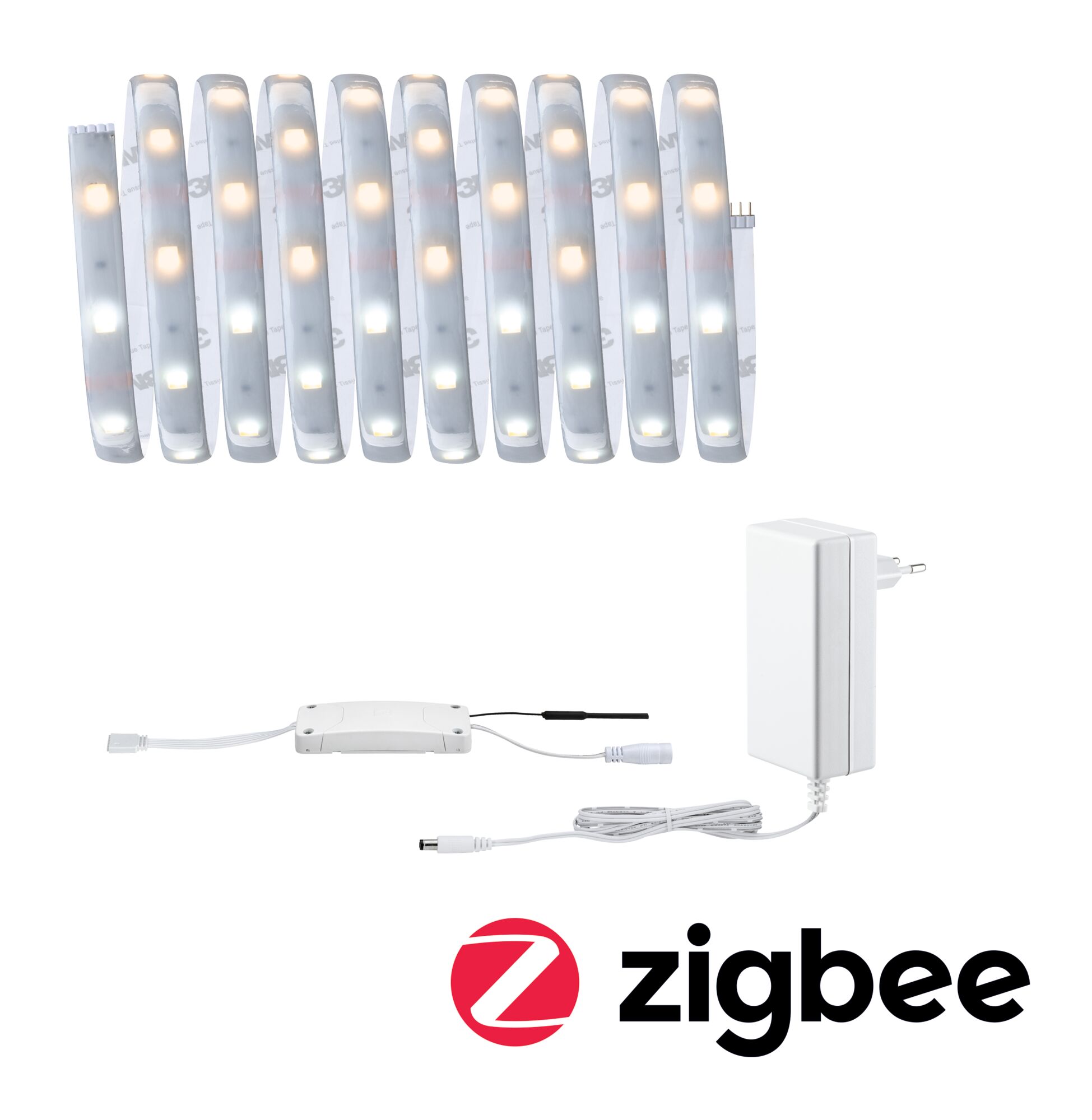 Weißes LED-Lichtband mit Netzteil und Steuergerät für Zigbee Smart Home Beleuchtungssysteme