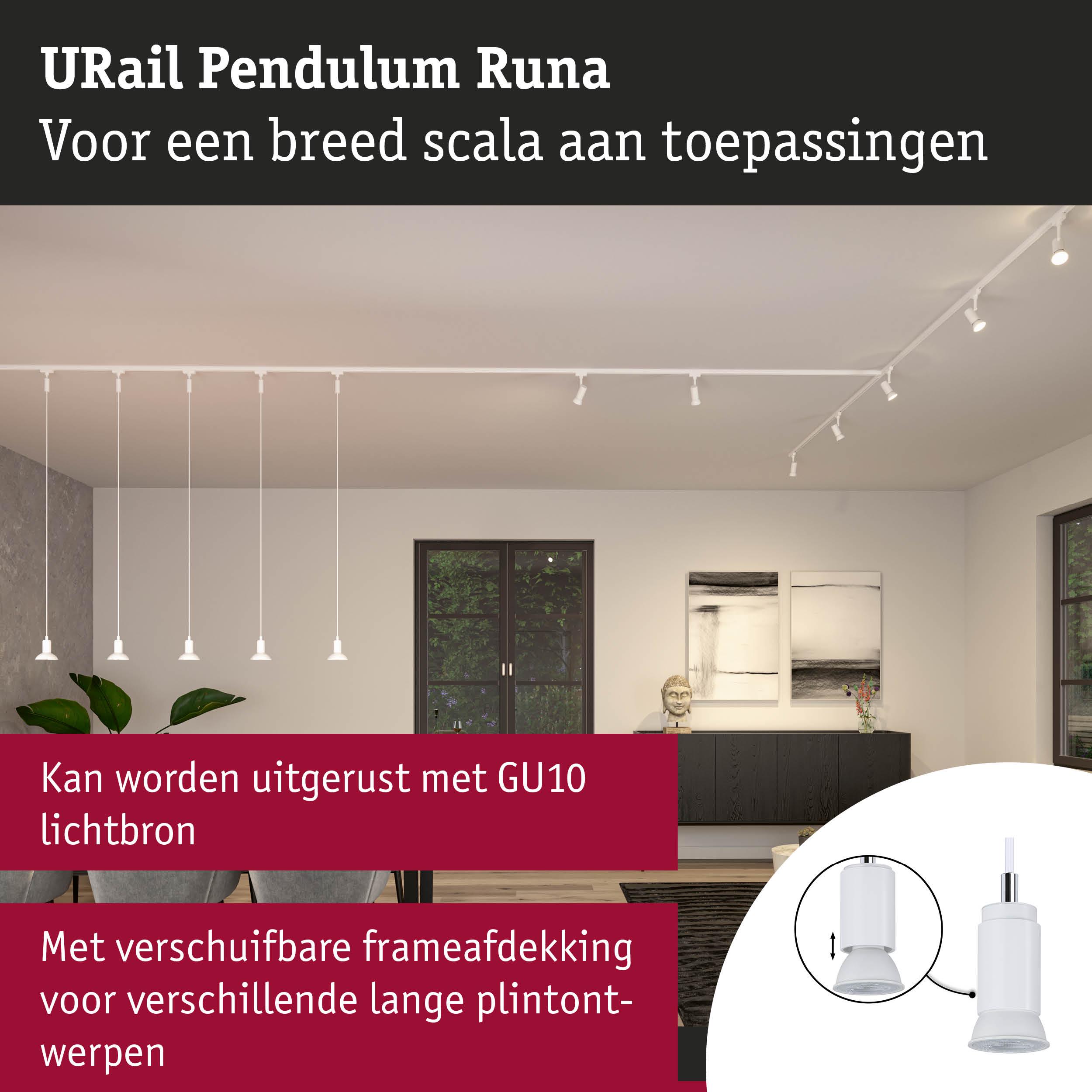 Witte URail Pendulum Runa hanglamp met GU10 fitting en verstelbare frameafdekking voor diverse plafondhoogtes