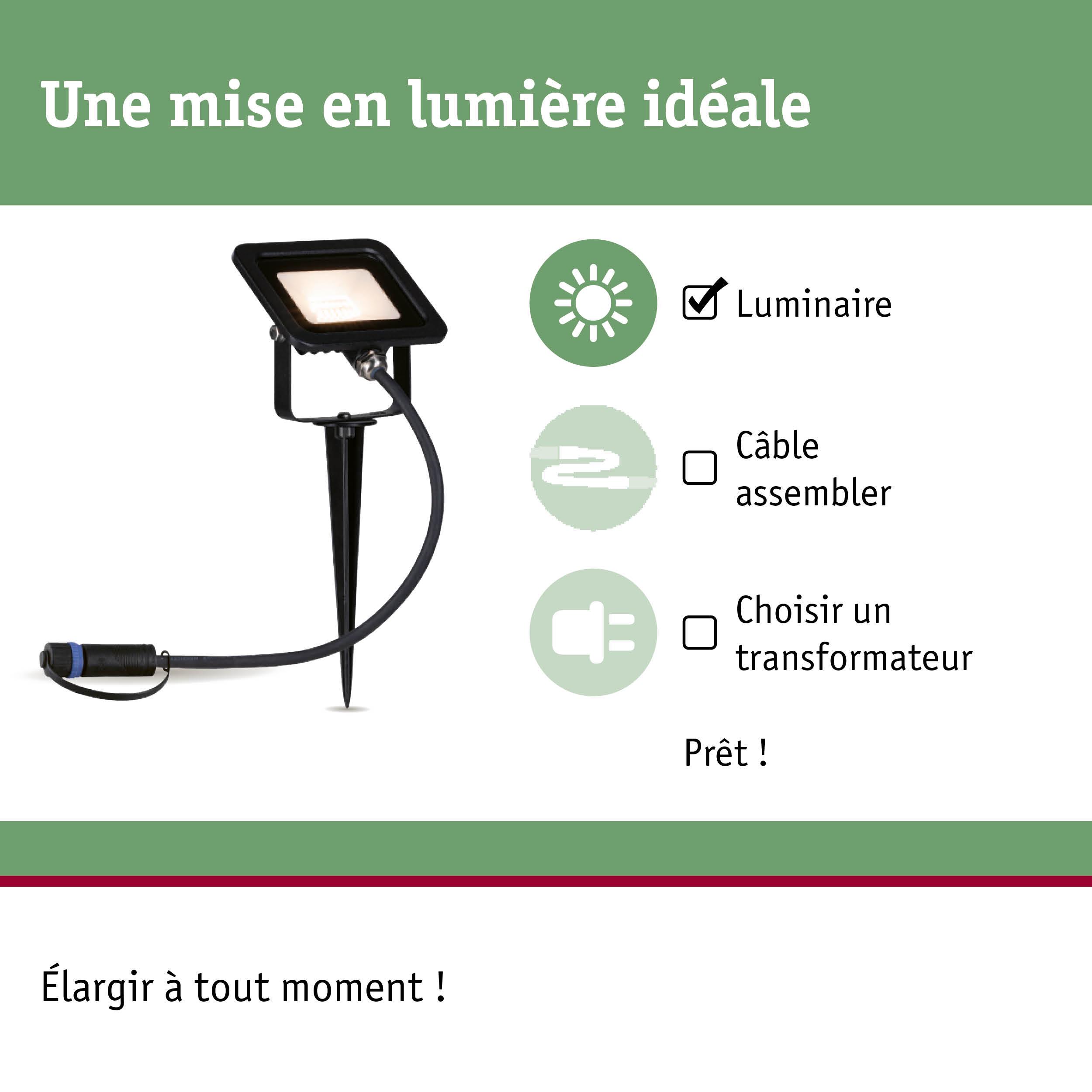 Projecteur LED noir avec piquet et câble pour éclairage extérieur de jardin