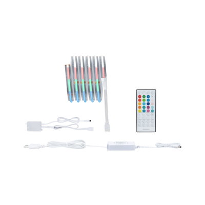 RGB LED strip with white controller, power supply and remote for versatile color lighting
