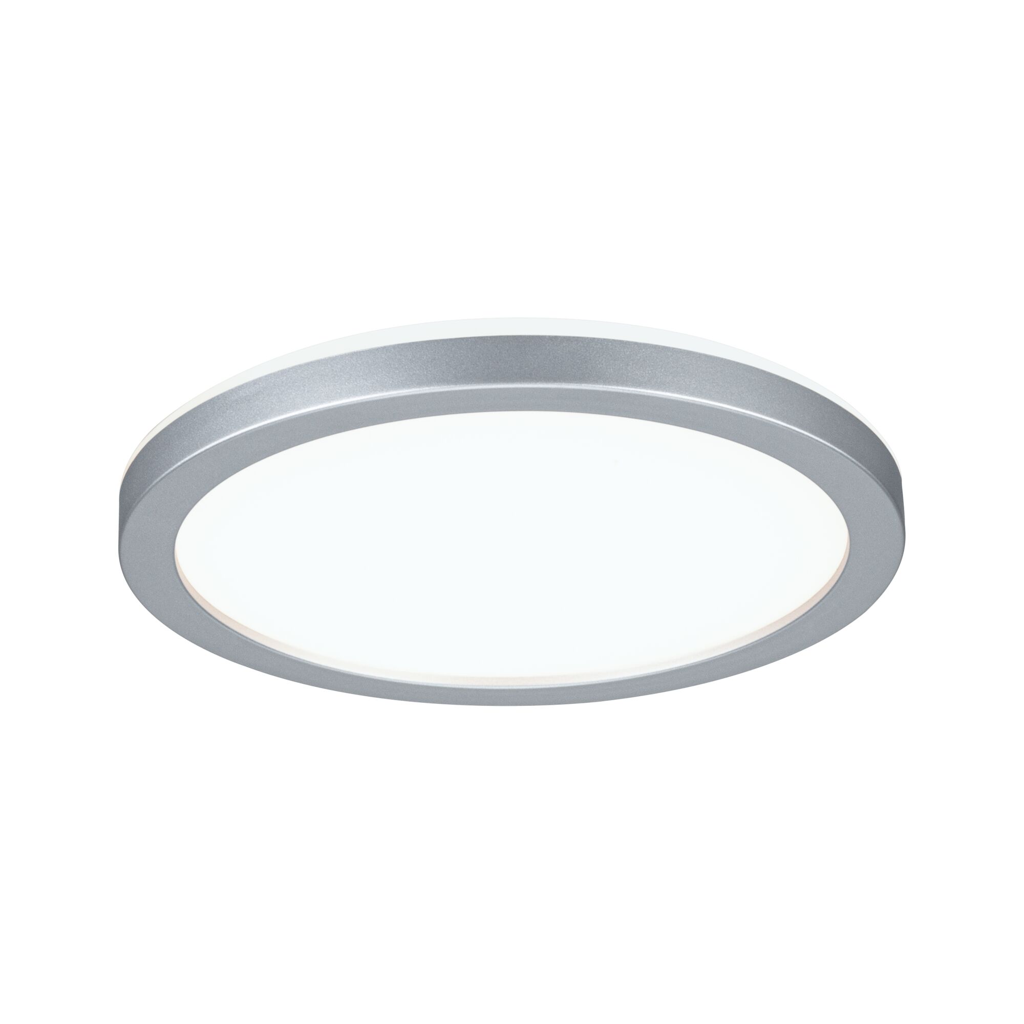 Plafonnier LED rond avec cadre en aluminium argenté et diffuseur blanc pour éclairage moderne
