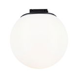Ronde plafondlamp met wit glas en zwarte metalen houder voor moderne woonverlichting