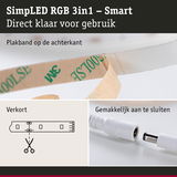 Plakband achterkant en witte LED-strip connector met kniplijn voor eenvoudige installatie