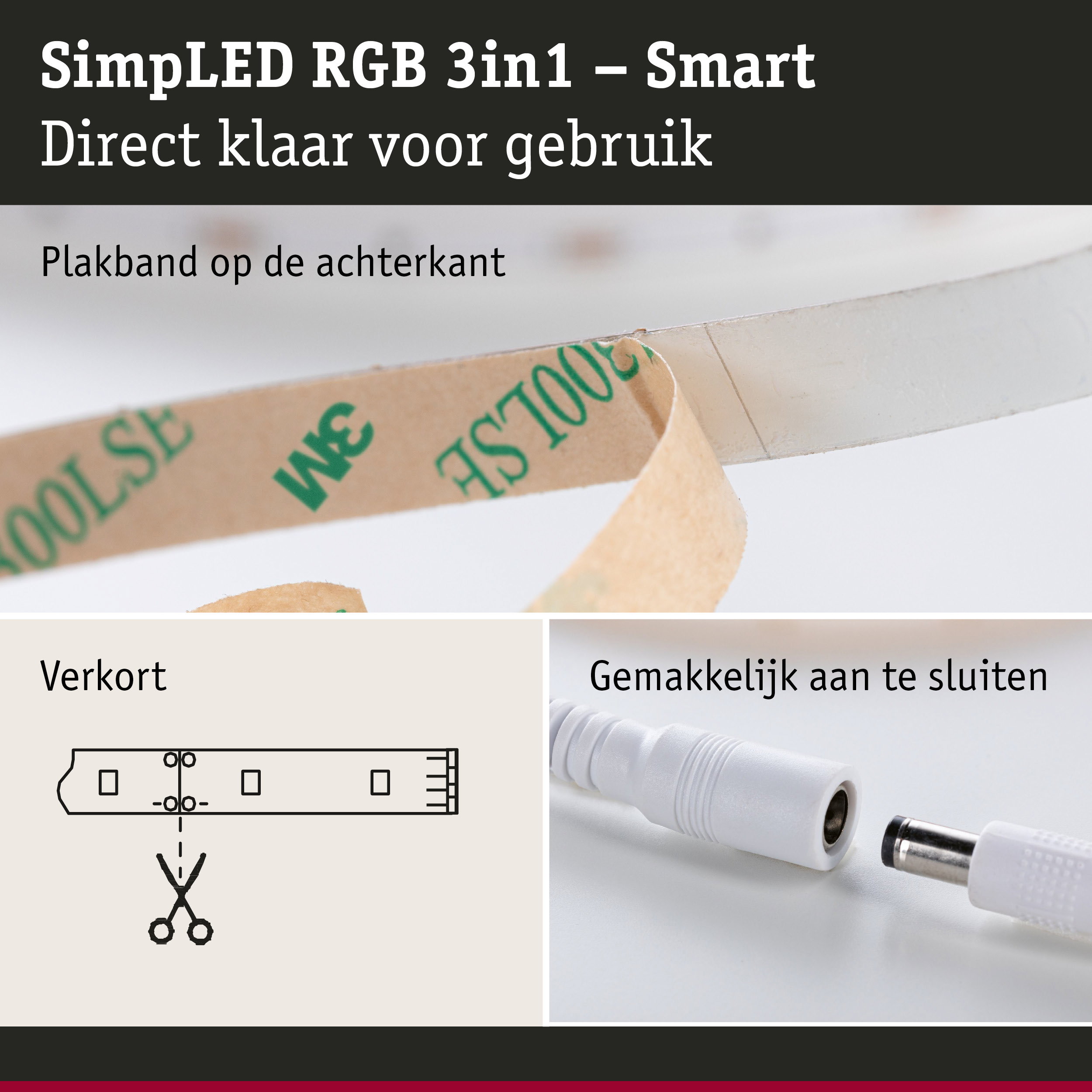 Plakband op achterkant van witte LED-strip met aansluitkabel voor eenvoudige montage