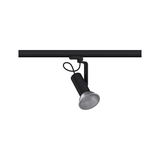 Schwarzer LED-Strahler aus Metall an Schienensystem für flexible Beleuchtung im Innenraum