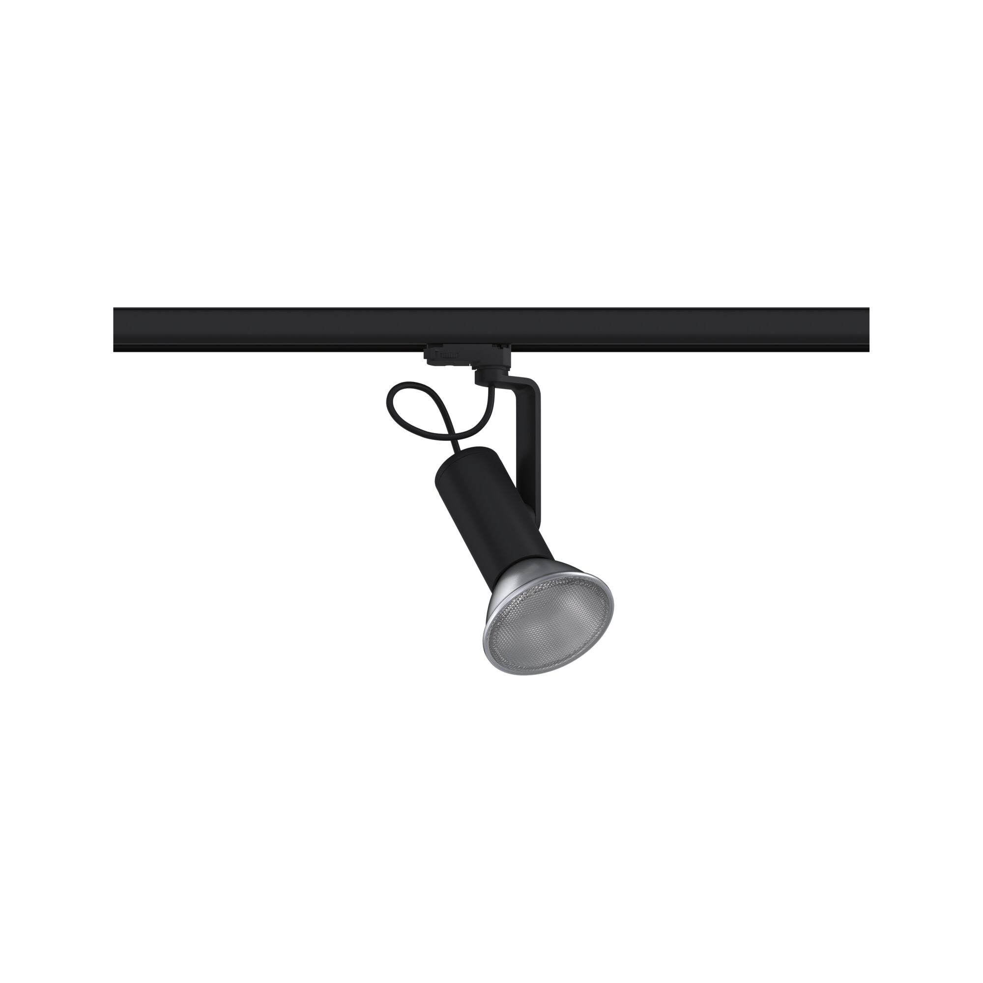 Schwarzer LED-Strahler aus Metall an Schienensystem für flexible Beleuchtung im Innenraum