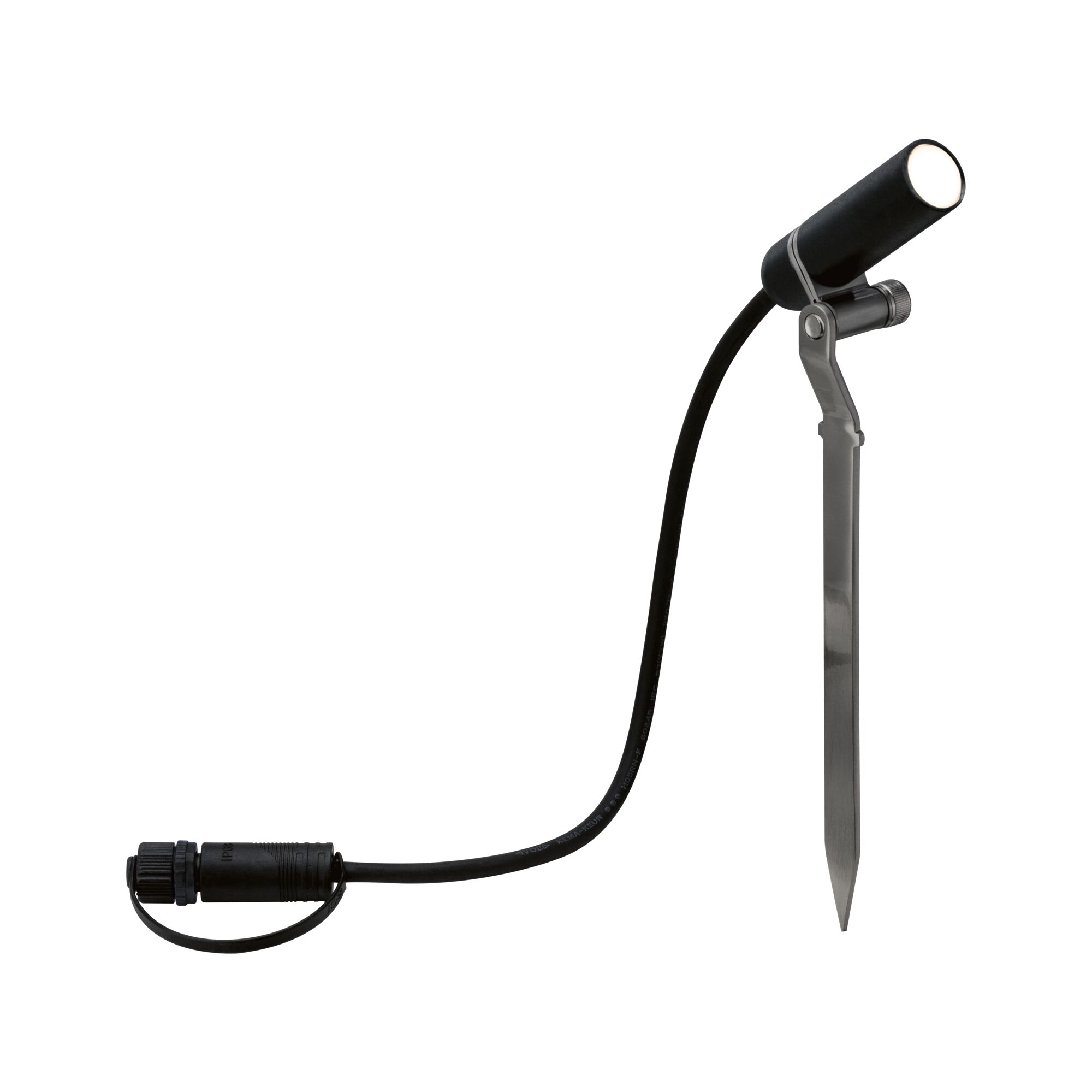 Black metal LED garden spotlight with ground spike and waterproof cable for outdoor lighting
