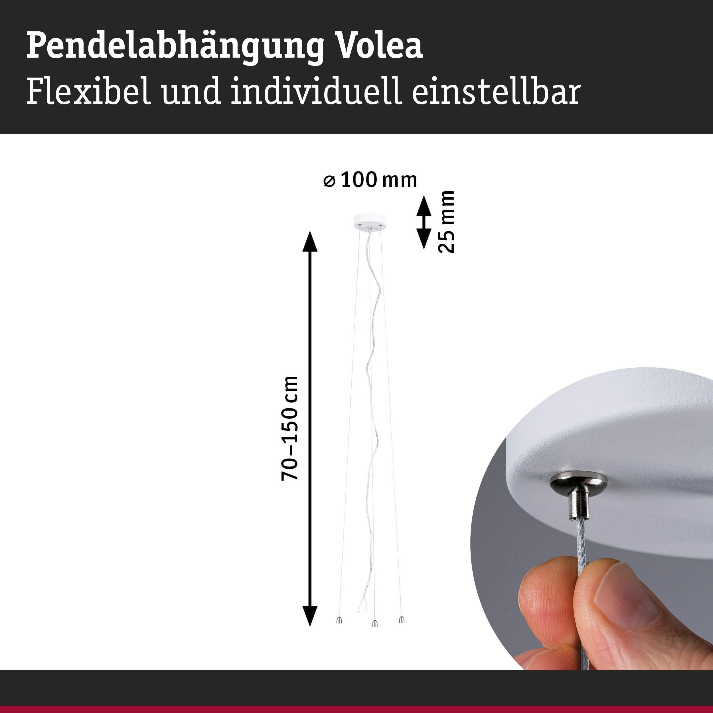Pendelhängung Volea mit weißer Deckenbefestigung, flexibel einstellbar von 70 bis 150 cm Länge
