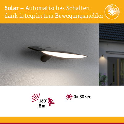 Schwarze Solar-Wandleuchte mit Bewegungsmelder an grauer Wand, energiesparende Außenbeleuchtung