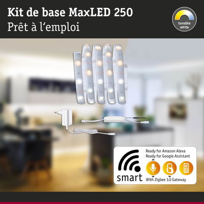 Kit de base MaxLED 250 bande LED blanc réglable avec alimentation et contrôleur, compatible Alexa et Google Assistant