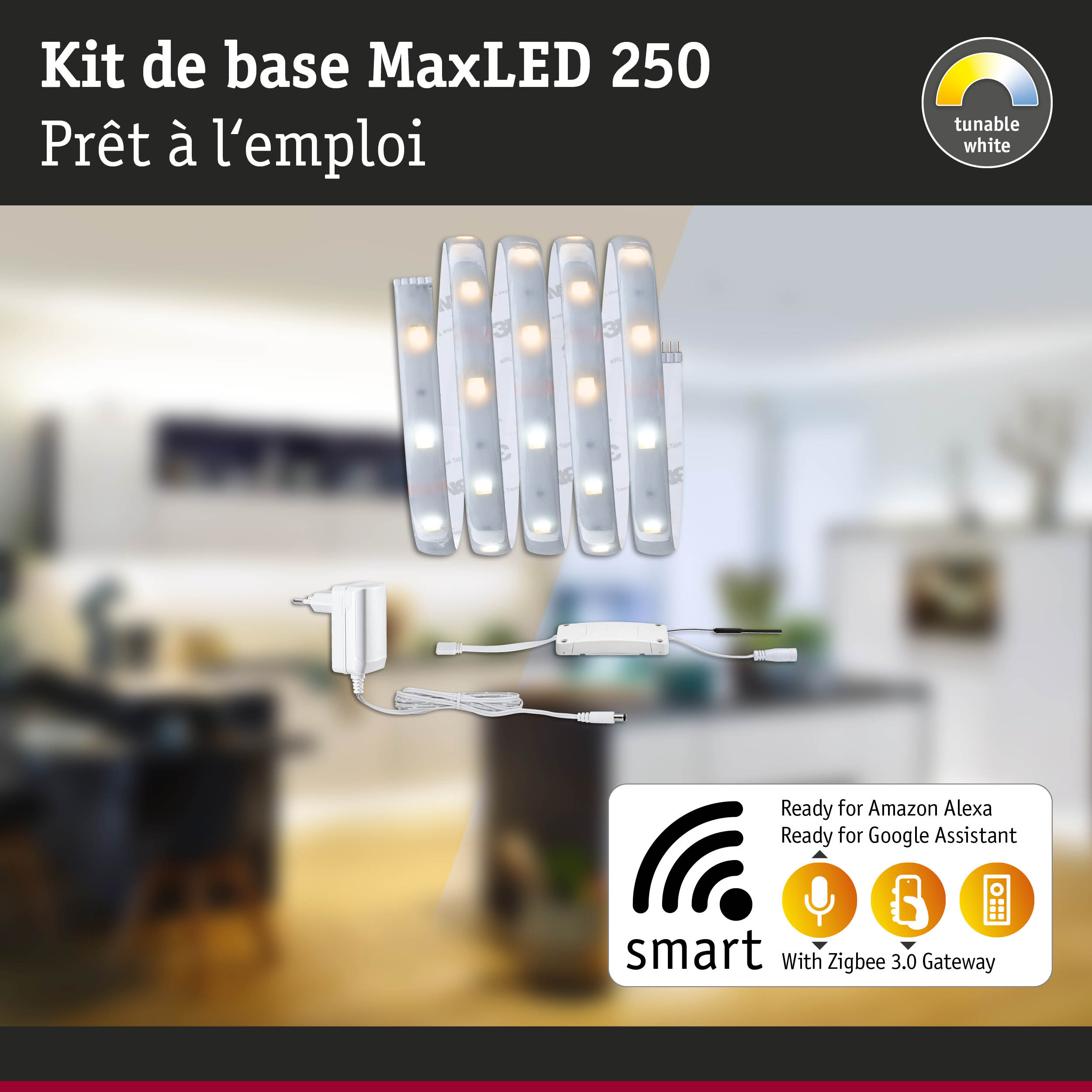 Kit de base MaxLED 250 avec bandes LED blanches réglables et passerelle Zigbee 3.0 pour domotique