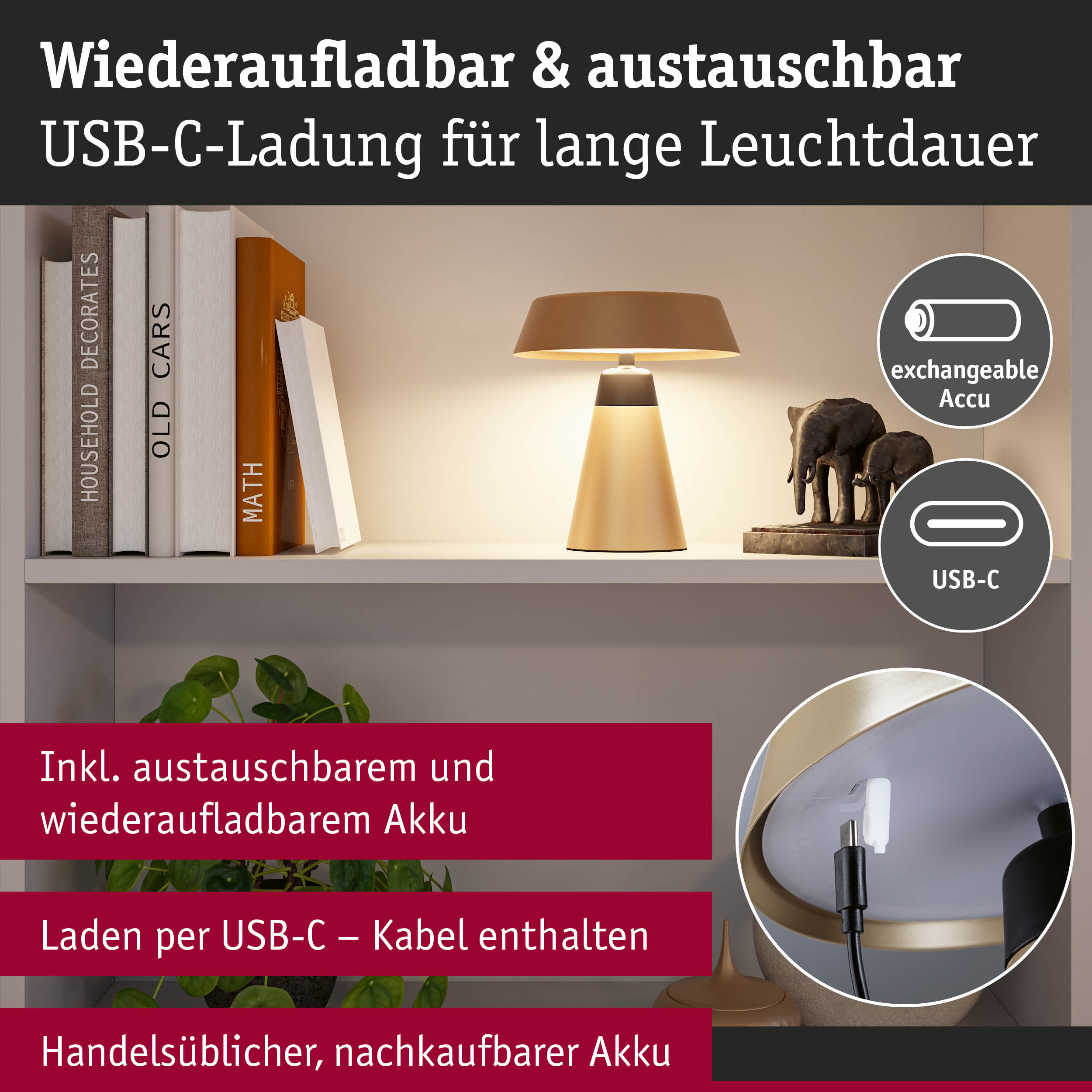 Beige Tischlampe mit austauschbarem Akku und USB-C-Ladekabel für lange Leuchtdauer im Regal.