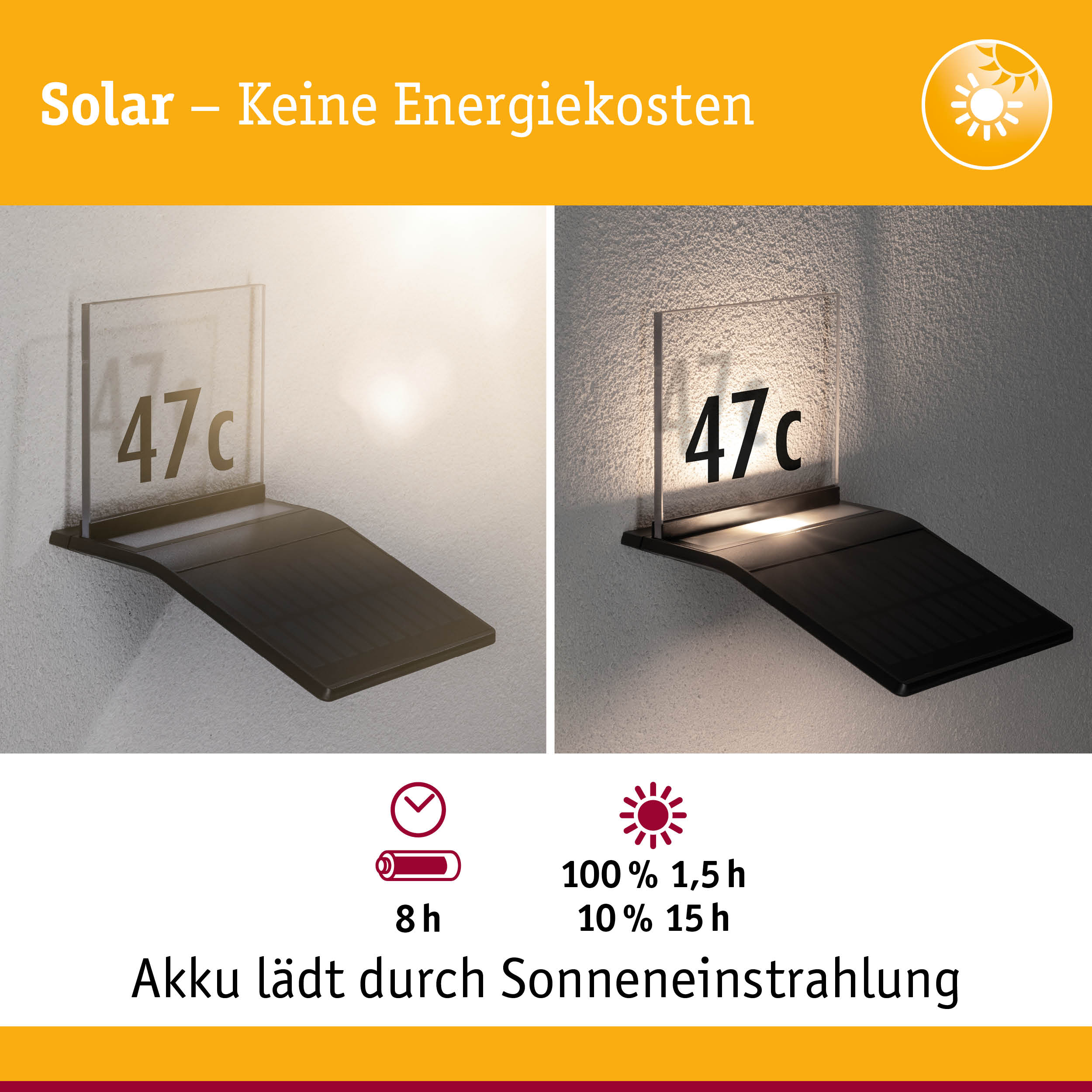Solarbetriebene Hausnummernleuchte mit schwarzem Kunststoffgehäuse und transparentem Schild mit Nummer 47c