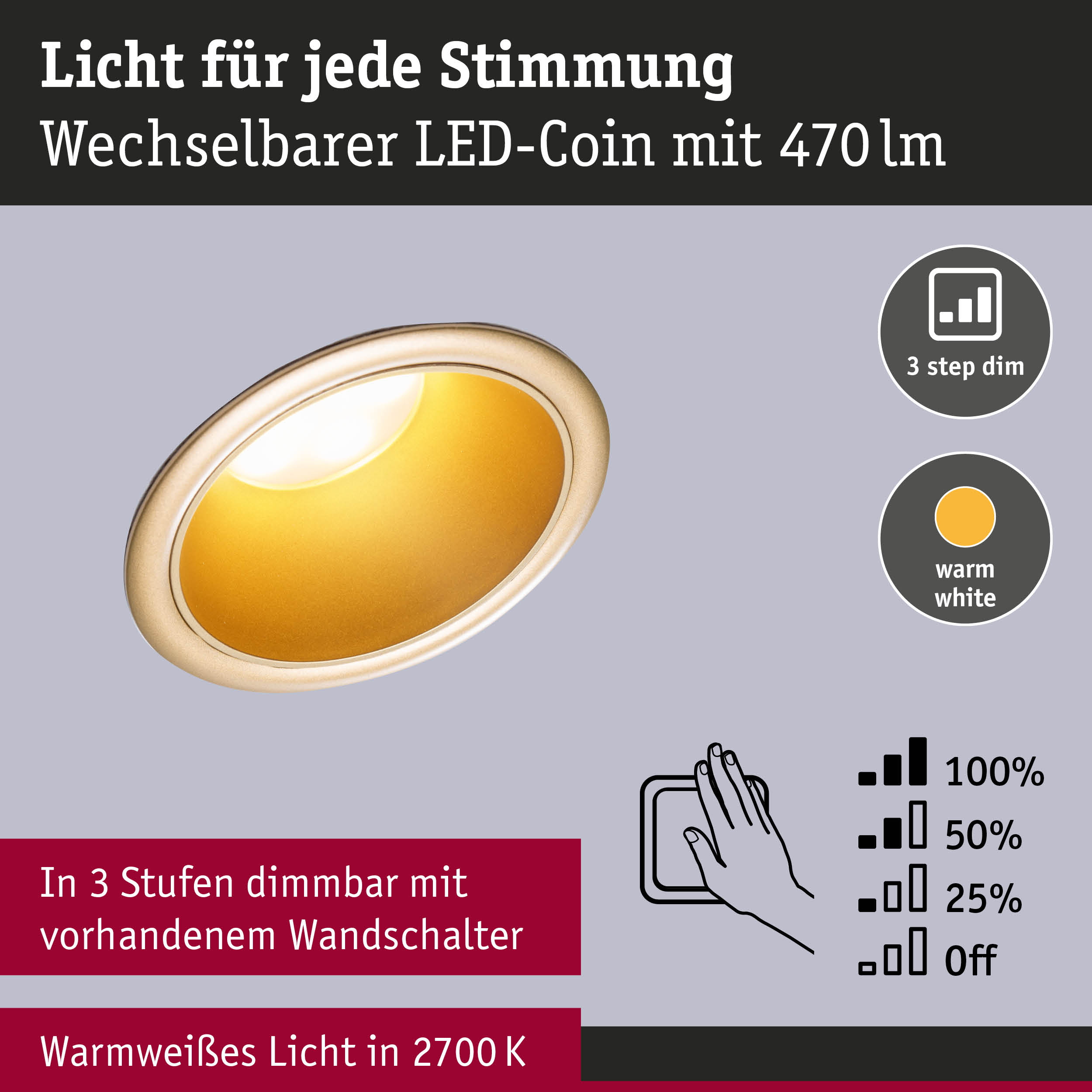 LED-Coin Leuchte in warmweiß mit 470 Lumen, dimmbar in 3 Stufen über Wandschalter