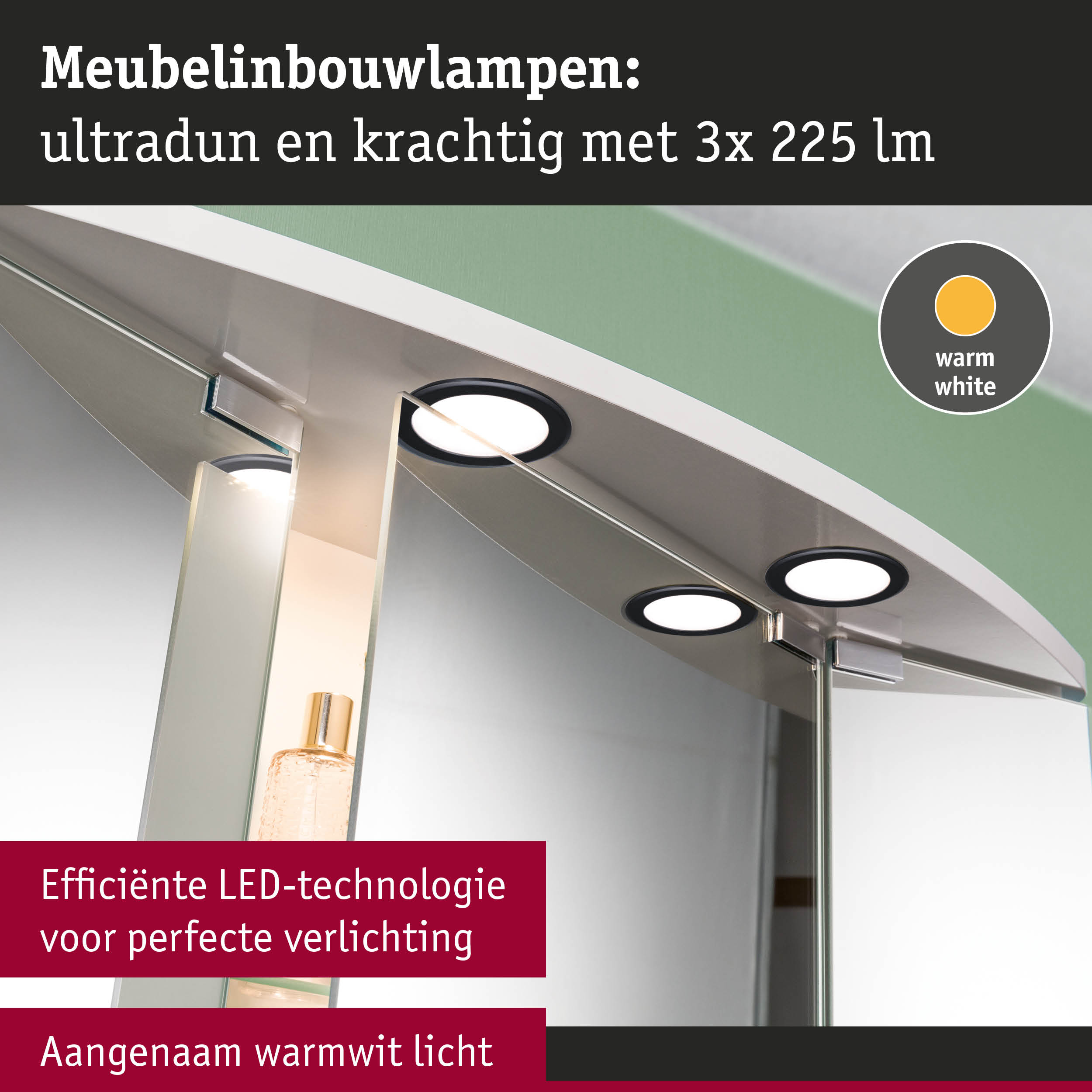 Moderne meubel inbouwlampen met warm wit LED-licht en efficiënte badkamerverlichting.
