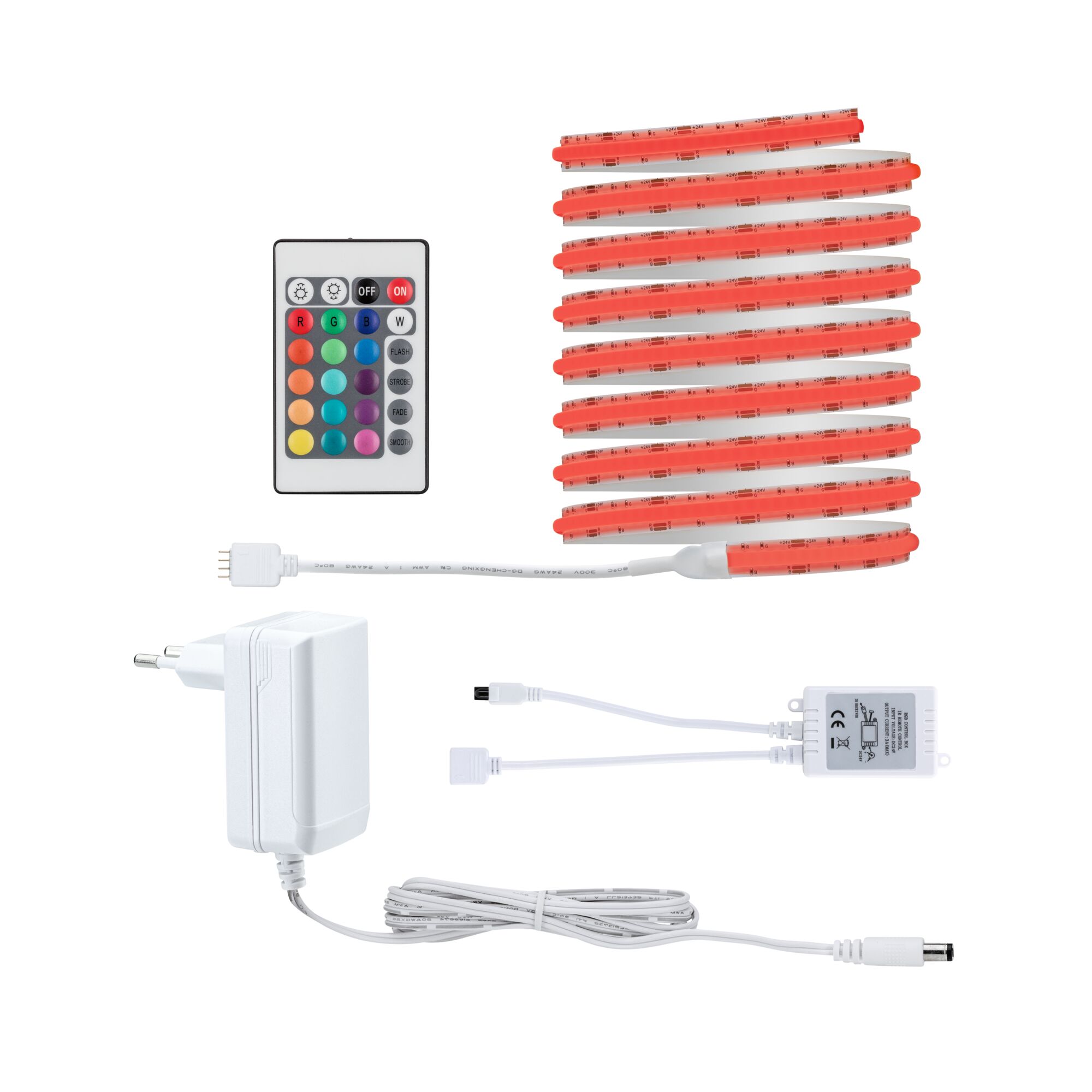 SimpLED Strip LED Full-Line COB Kit complet 3m 22W 330lm/m 840 LEDs/m RGB 24VA Bande LED rouge avec télécommande, adaptateur secteur et contrôleur pour éclairage personnalisable