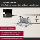 Grey LED recessed spotlight with 230V direct connection, 55 mm depth, and adjustable 30° tilt light head