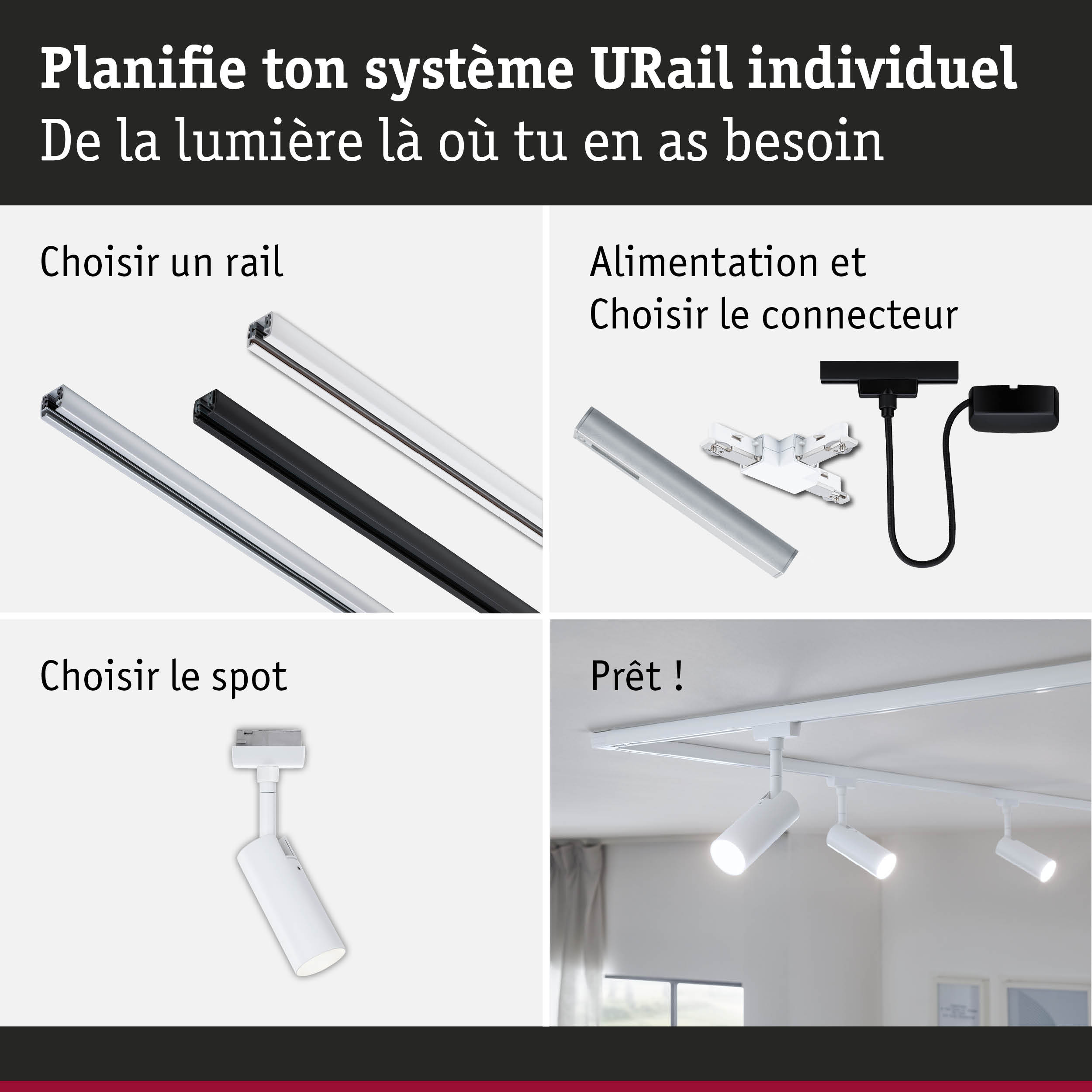 Système de rail modulaire URail avec rails blancs et noirs et spots LED pour éclairage flexible